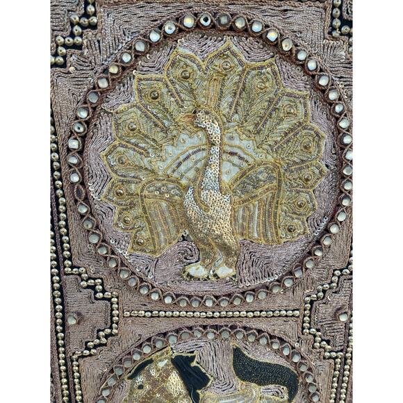 Vtg Burmese Thai Kalaga Tapestry Wall Art Elephant Peacock Lion Beaded 54” Large - Picture 15 of 16